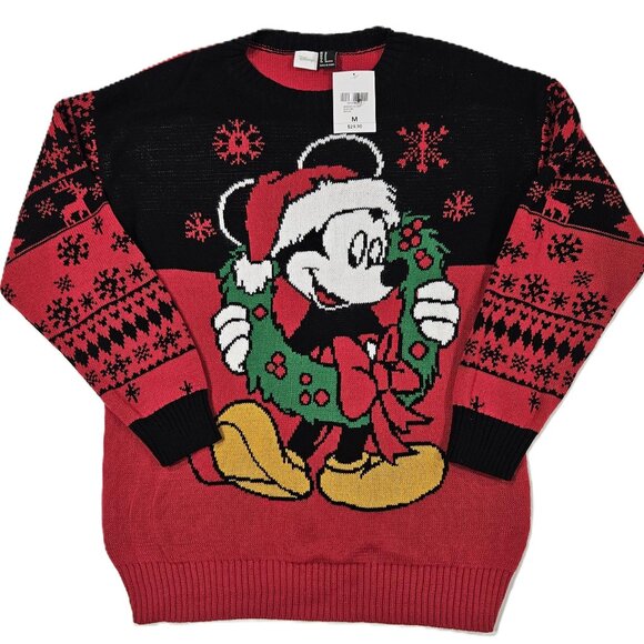 Forever 21 x Disney Mickey Mouse Christmas Fair Isle Sweater Red Black M NWT - Picture 1 of 6